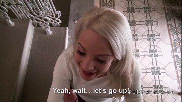 perverted dirty Hungarian gives blowjob staircase building